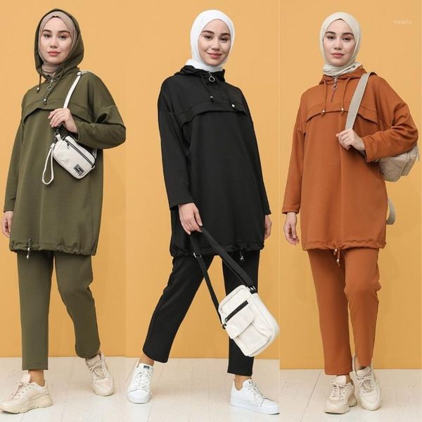 

women's two piece pants hooded zippered tunic trousers double suit straight unlined long sleeve seasonal sports women muslim fashion hi, White