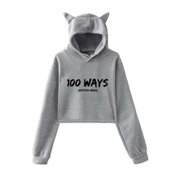 

women's hoodies & sweatshirts team wang kpop jacson 100 ways cat ear sweatshirt cool printed k- crop for women streetwear, Black