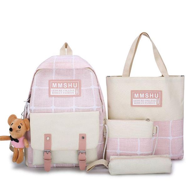

4pcs canvas school backpack for teenagers student shoulder bags pencil case set