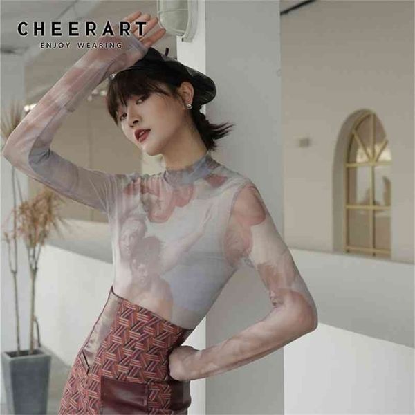 

cheerart sheer t shirt women turtle neck mesh painting print long sleeve tee shirt femme body tight underwear fall clothes 210331, White