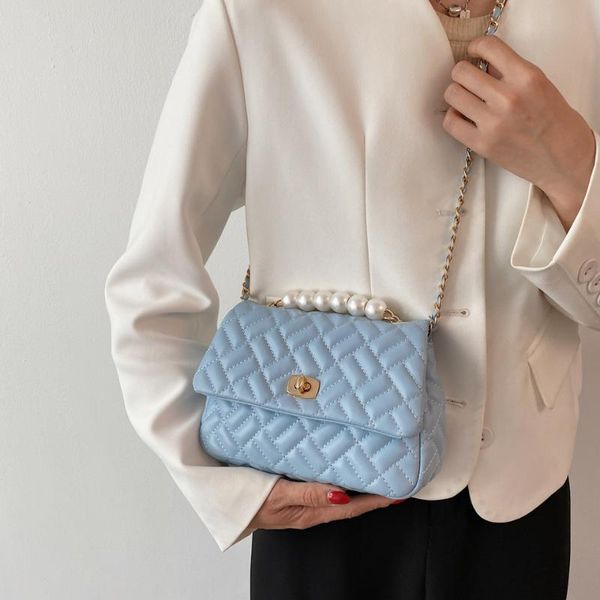 

evening bags mini bag women 2021 korean fashion pearl embroidery thread chain shoulder messenger rhombus pattern flip women's handbag