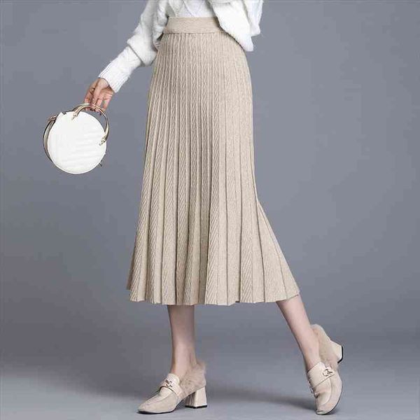 

autumn winter knitted skirt women elastic high waist thick knitting cotton a line long skirt female ruched folds tide, Black