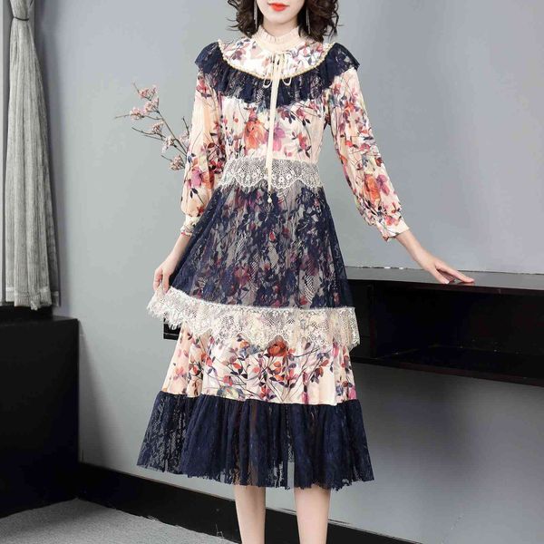 

dresses vintage retro autumn winter style women ruffled collar elegant floral print beading lace patchwork long sleeve, Black;gray