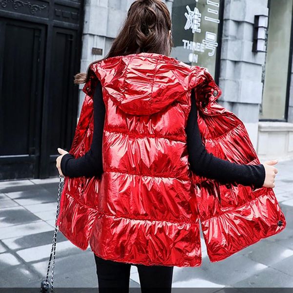 

women's vests autumn winter vest women waistcoat 2021 female sleeveless jacket warm silver red metal color bread hooded feminino, Black;white