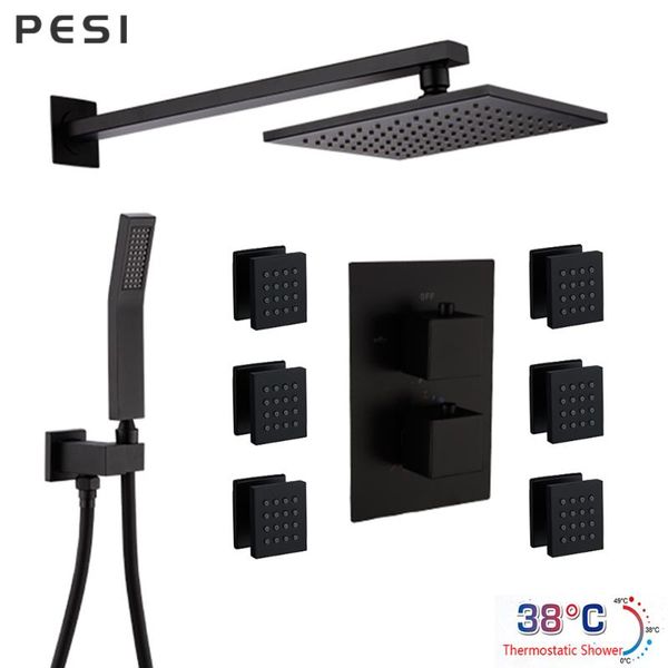 

black brass thermostatic faucets bathroom faucet set mix valve with 8/10/12 inch rainfull shower head. sets