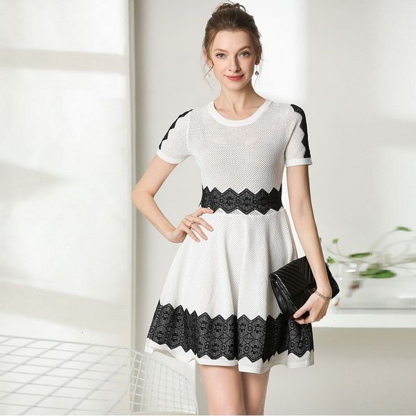 

dress sweater spring summer autumn knitted women o-neck color block knitting short sleeve casual dress, Black;gray
