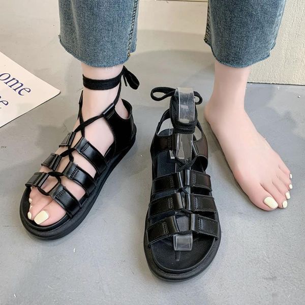 

sandals 35-40 women's sports 2021 summer dress roman sandal for woman flat shoes beach female gladiator casual cross-tied, Black