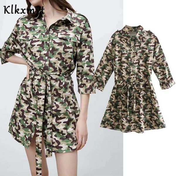 Klkxmyt Za Kleid Frauen Mode Camouflage Mit Taschen Halbe Hülse Mini ES Frau Casual Gürtel Weibliche 210527