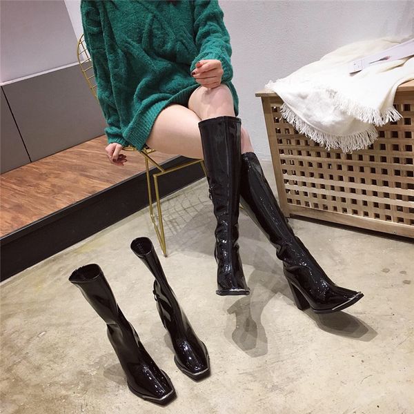 

boots fashion women knight square toe patent leather thick high heels winter gladiator black woman size 35-40 pzj4