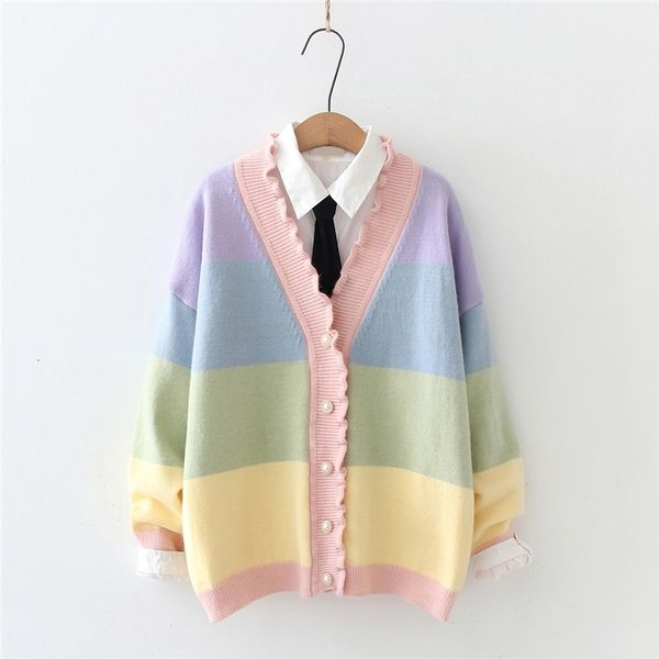 

women's sweaters soft girls kawaii sweets sweater women knitted cardigans cute rainbow striped vintage ruffle v neck knitwear fema, White;black