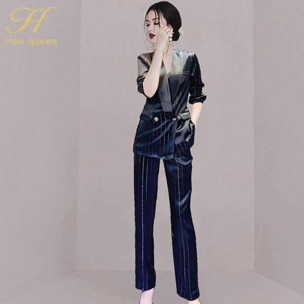 

han queen occupation 2-piece suits women elegant suit crop & simple long pants korean spring autumnol work women's two piece, White