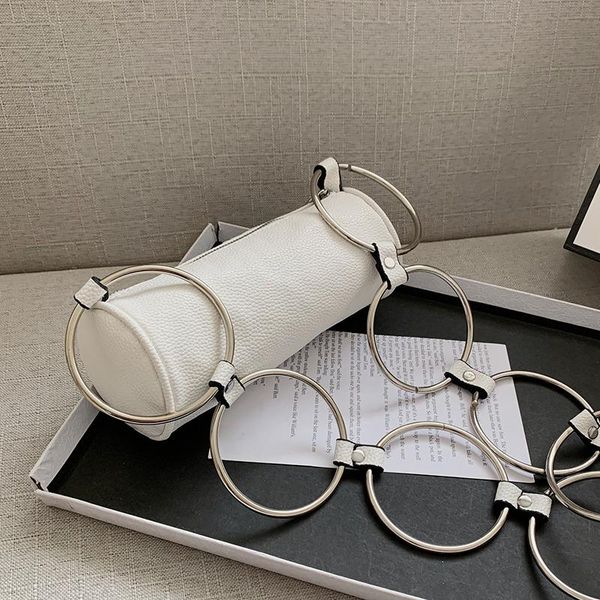 

evening bags european style shoulder bag fashion pure pu leather women barrel-shaped metal ring crossbody simple female shopping
