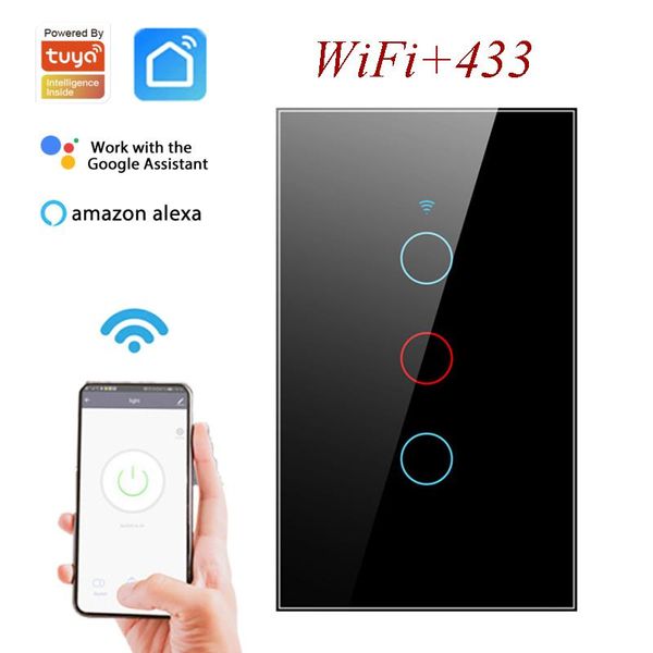 

smart home control 1/2/3/4 gang tuya wifi+433mhz wall touch switch interruptor us standard light panel work with alexa google
