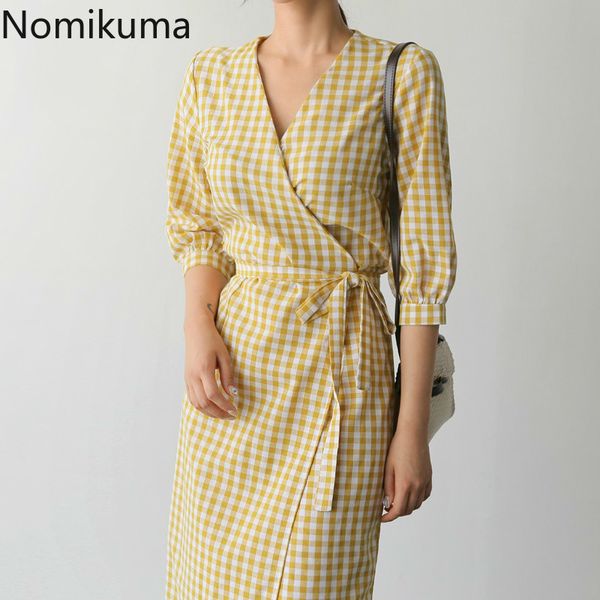 

nomikuma v neck slim waist lace up plaid dress women contrast color vintage dresses female summer korean vestidos 3b661 210514, Black;gray