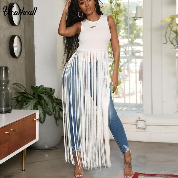 

slveless tassels nightclub t-shirt fringe embellished causal summer tassel tee women women's, White