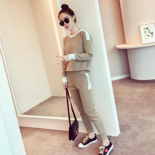 

women's two piece pants 2021 2 pieces set women knitted tracksuit round neck sweater + jogging pullover chic outwear y489, White