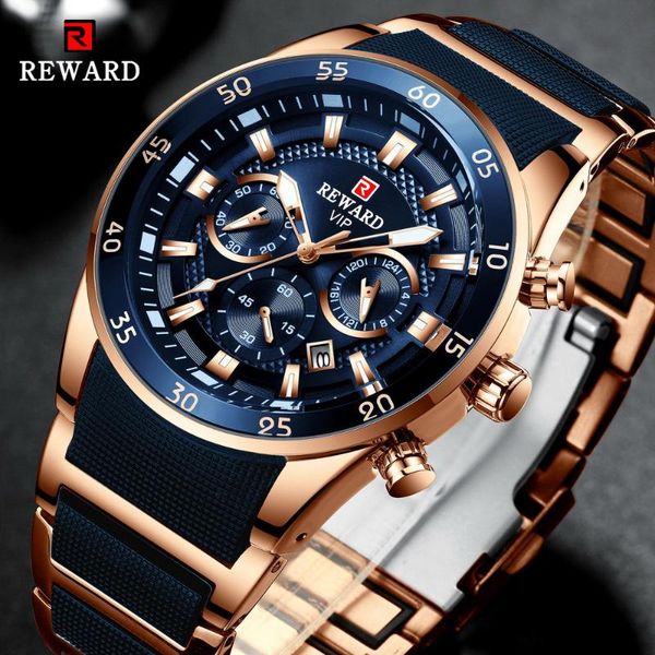 

wristwatches reward brand mens watches luxury quartz blue watch full steel men chronograph waterproof business wrist relogio masculino, Slivery;brown