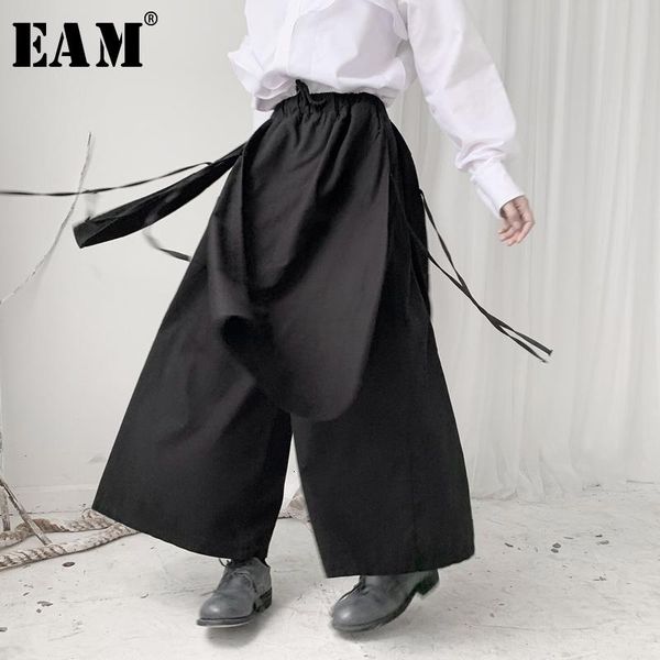 

women's pants & capris [eam] high elastic waist black bandage long wide leg trousers loose fit women fashion tide spring autumn 2021 19, Black;white