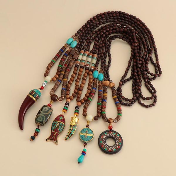 

chains handmade nepal buddhist mala bead pendant necklace boho hippie style ethnic fish horn long statement men women's jewelry, Silver