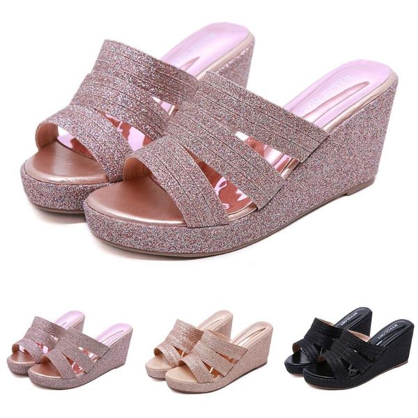 

slippers women's ladies fashion solid sequins bling wedges casual sandals slipper shoes slides home pantoufle femme #e25, Black