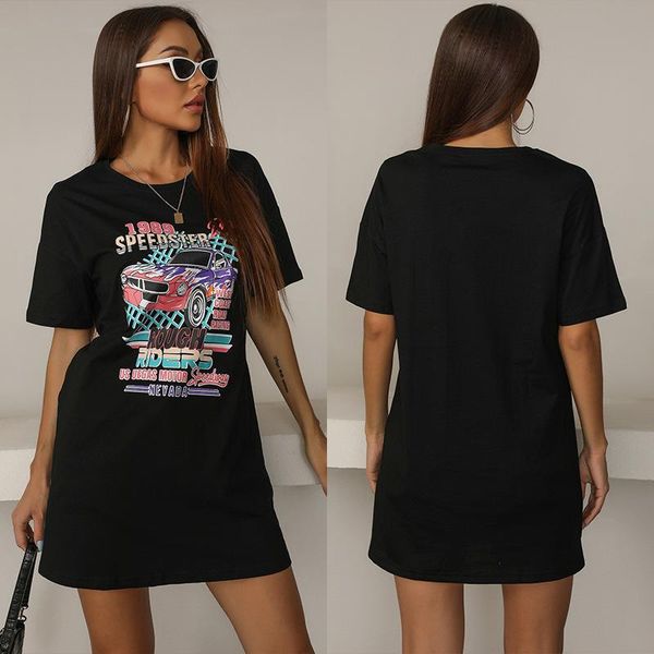 

women's t-shirt summer mid-length loose print round neck short-sleeved women, White