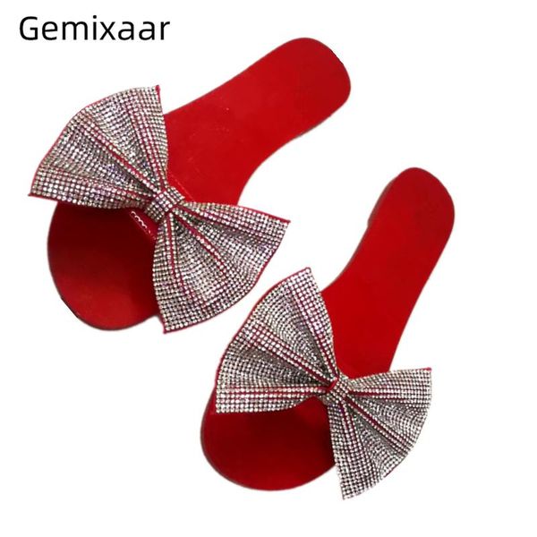 

slippers drill rhinestone butterfly-knot slides for women genuine leather flat beach crystal bowtie open toe summer shoes woman, Black