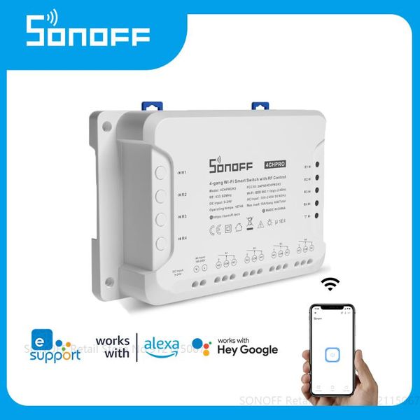 

smart home control sonoff 4chpror3 4 gang switch wi-fi diy light timer ewelink app voice work with google alexa