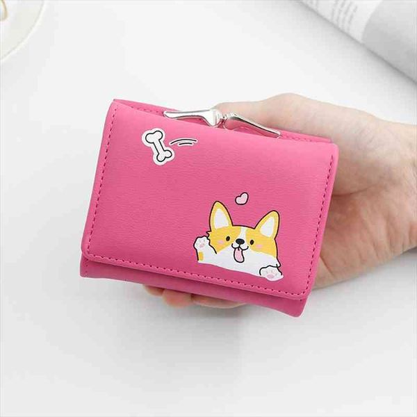 

women mini wallets cartoon cute corgi doge design ladies pu leather female short small money purses with coin pocket, Red;black