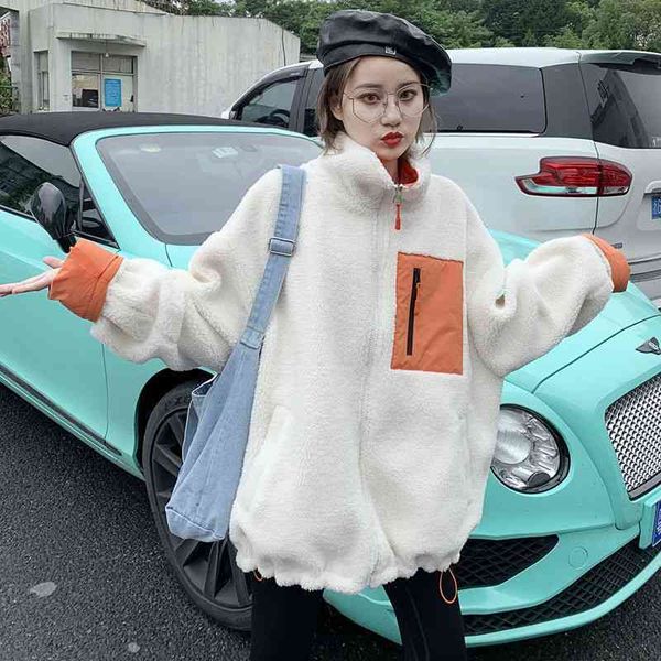 

positive and negative two wear lamb wool coat female autumn winter 2021 new splicing loose casual short cotton student style, Black