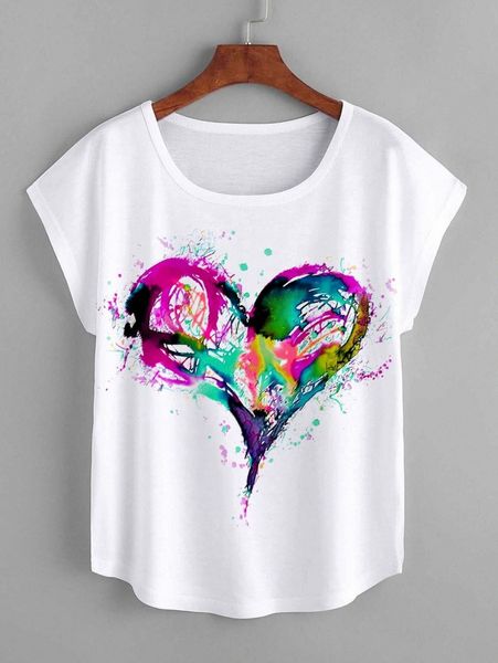 

plus heart print batwing sleeve tee 84db#, Black