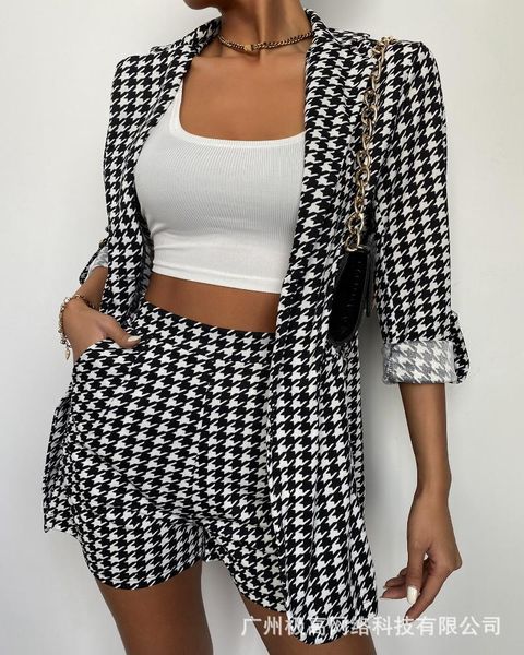 

women's tracksuits donsignet women shorts set 2021 houndstooth blazer and suit spring/autumn fashion long sleeve two piece sets woman, Gray
