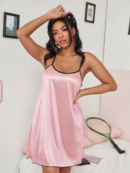 

plus striped print cami night dress d6cs#, Black;white