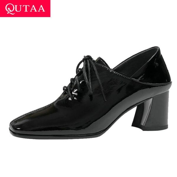 

dress shoes qutaa 2021 patent leather retro square toe all match women single fashion high heel lace up pumps size 34-42, Black