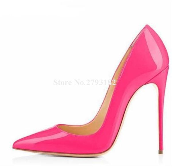 

dress shoes women brand style classical pointed toe patent leather stiletto thin heel pumps 12cm pink red white high heels formal shoe, Black