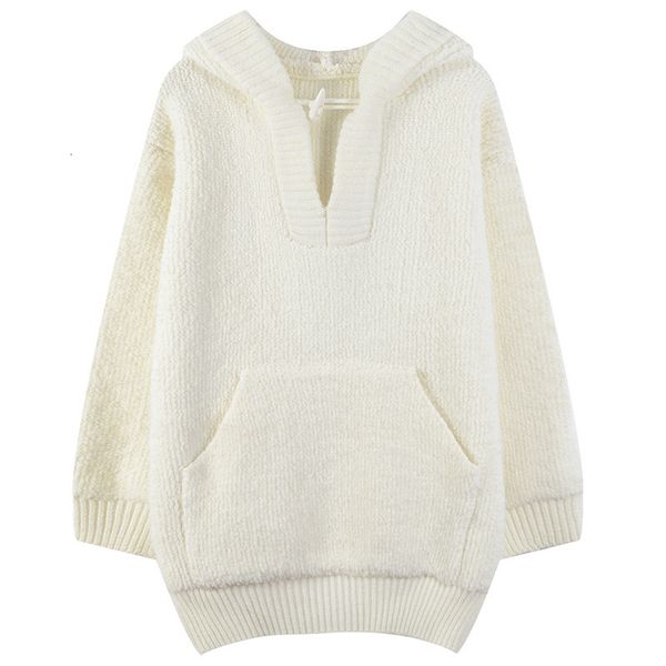 

women's knitted shirt, white hooded nightgown, autumn female winter style, plain and elegant mid-length sweater, White;black