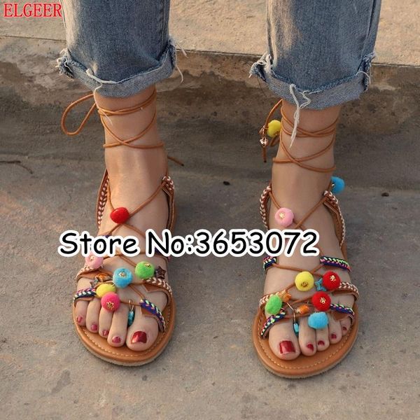 

wholesale pompom lady cross strap tie up bohemia style casual sandals open toe ankle wrap gladiator flats summer shoes, Black