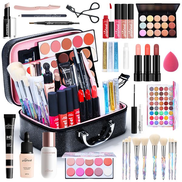 34 pcs conjunto de maquiagem incluindo fundação paleta paleta delineador batom lipgloss pó kit kit014
