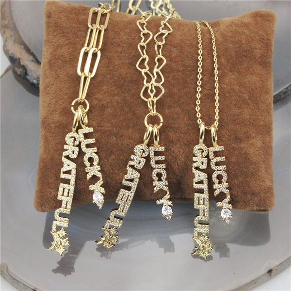 

10pcs/lot cz words pendant necklace,lucky/grateful jewelry necklace,clear cubic zircon micro pave necklace necklaces, Silver
