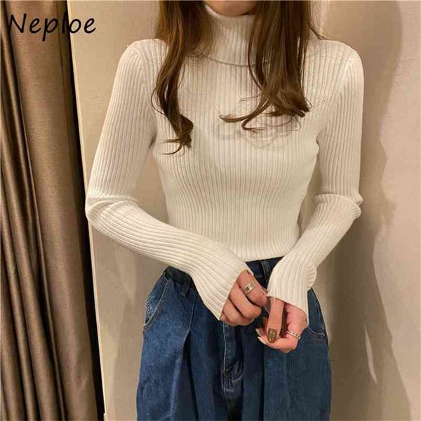 

high neck pullover long sleeve knit sweater women solid slim fit spring outwear pull femme all match sueter 210422, White;black