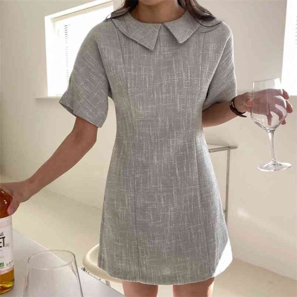 

summer korean casual elegant mini tweed dress women short sleeve slim vintage dresses prter pan collar robe femme 210514, Black;gray