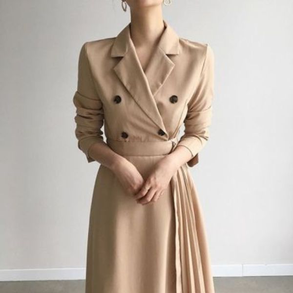 

spring autumn chic temperament simple double-breasted waist long dress women 210514, Black;gray