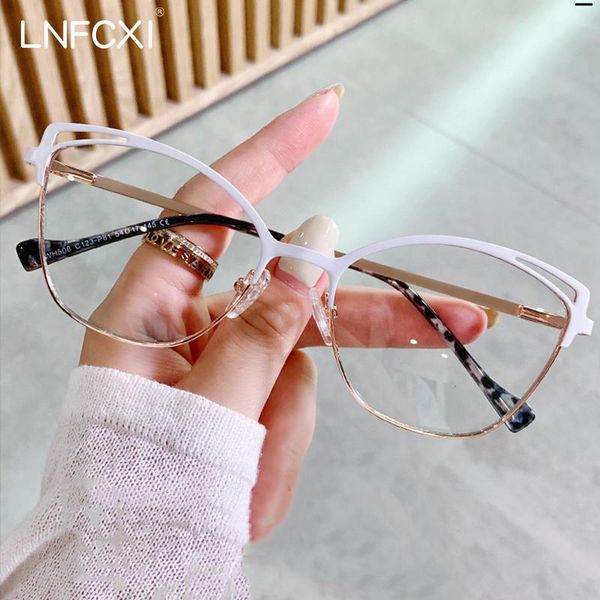 

fashion sunglasses frames lnfcxi 2021 cat eye female computer glasses optical blue light blocking metal frame flat mirror red leg eyeglasses, Black