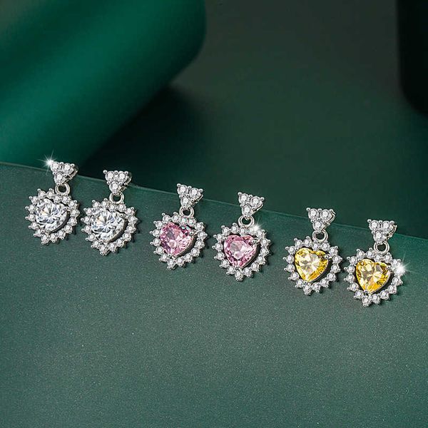 

s925 silver needle mullite heart shaped ear pin, color treasure eardrop, yellow diamond, diamond drill, earphone, and tiktok live., Golden;silver