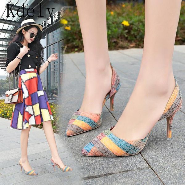 

dress shoes 2021 fashion women pointed toe pumps pu leather mix color high heels wedding zapatos mujer, Black