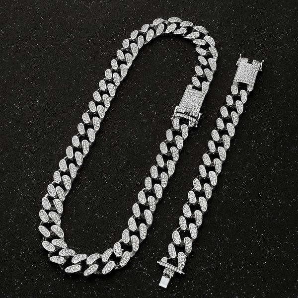 

20mm miami cuban link chain gold silver color necklace bracelet iced out crystal rhinestone bling hip hop men jewelry necklaces chains