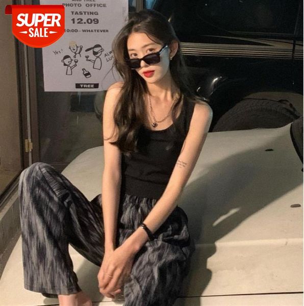 

thin simple casual retro sleeveless striped knitted camisole women #up59, Black
