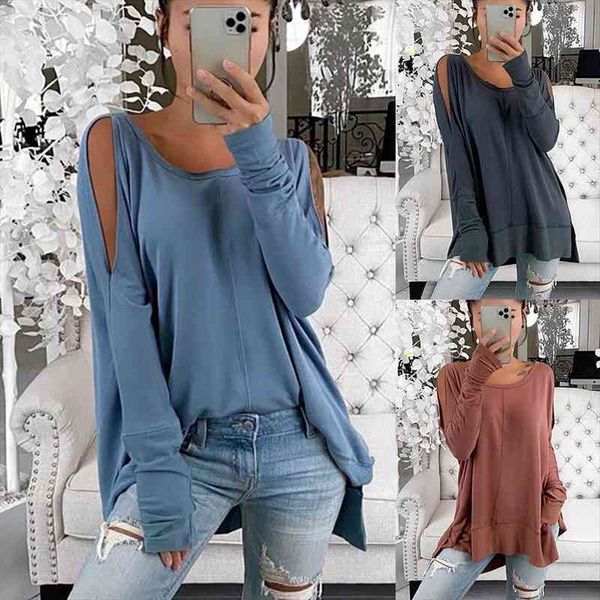 

women o neck long sleeve cold irregular hem loose blouse sweatshirt summer casual solid female ladies blouses 2xl, Black