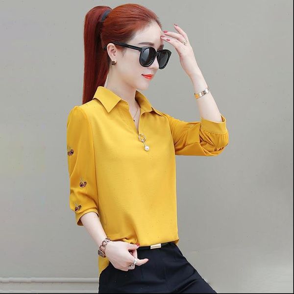 

spring summer style chiffon women blouses casual long sleeve turn down collar embroidery blusas df3180, White
