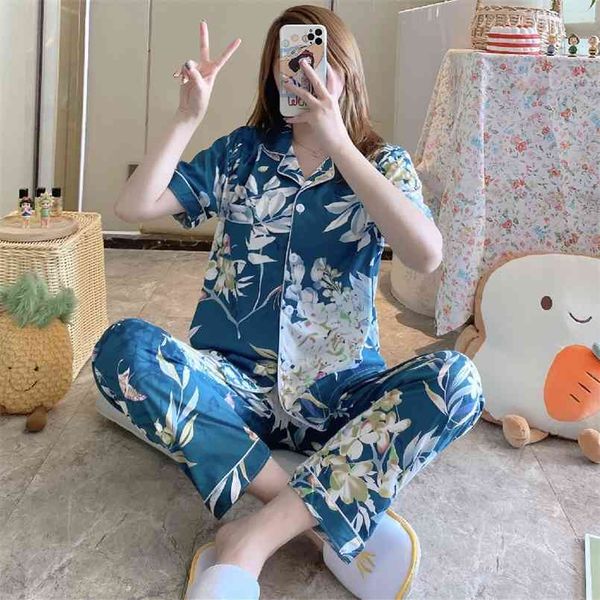 

ladies silk pajamas summer short-sleeved trousers two-piece cardigan loose simple home service ice printing casual 210809, Black;red