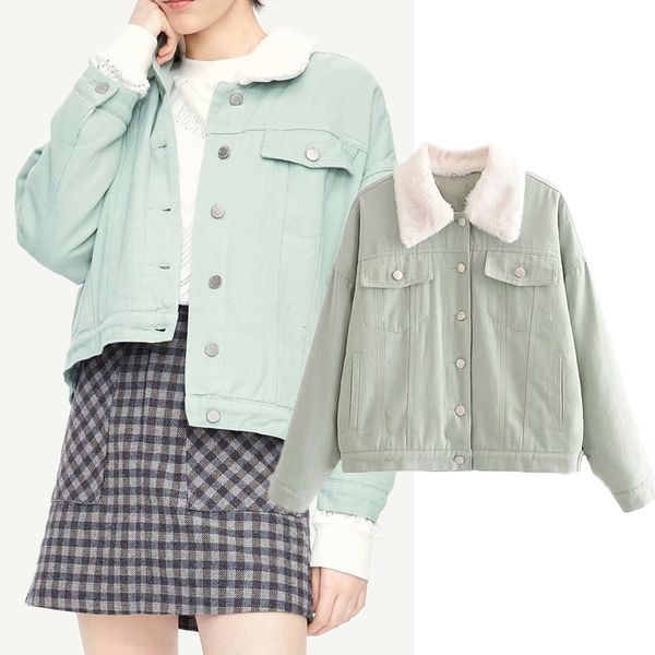 

Women's Down & Parkas Fashion Mint Green Denim plus cashmere Winter Coat Women Jacket Fleece Warm Cropped Overcoat Single breasted, Black